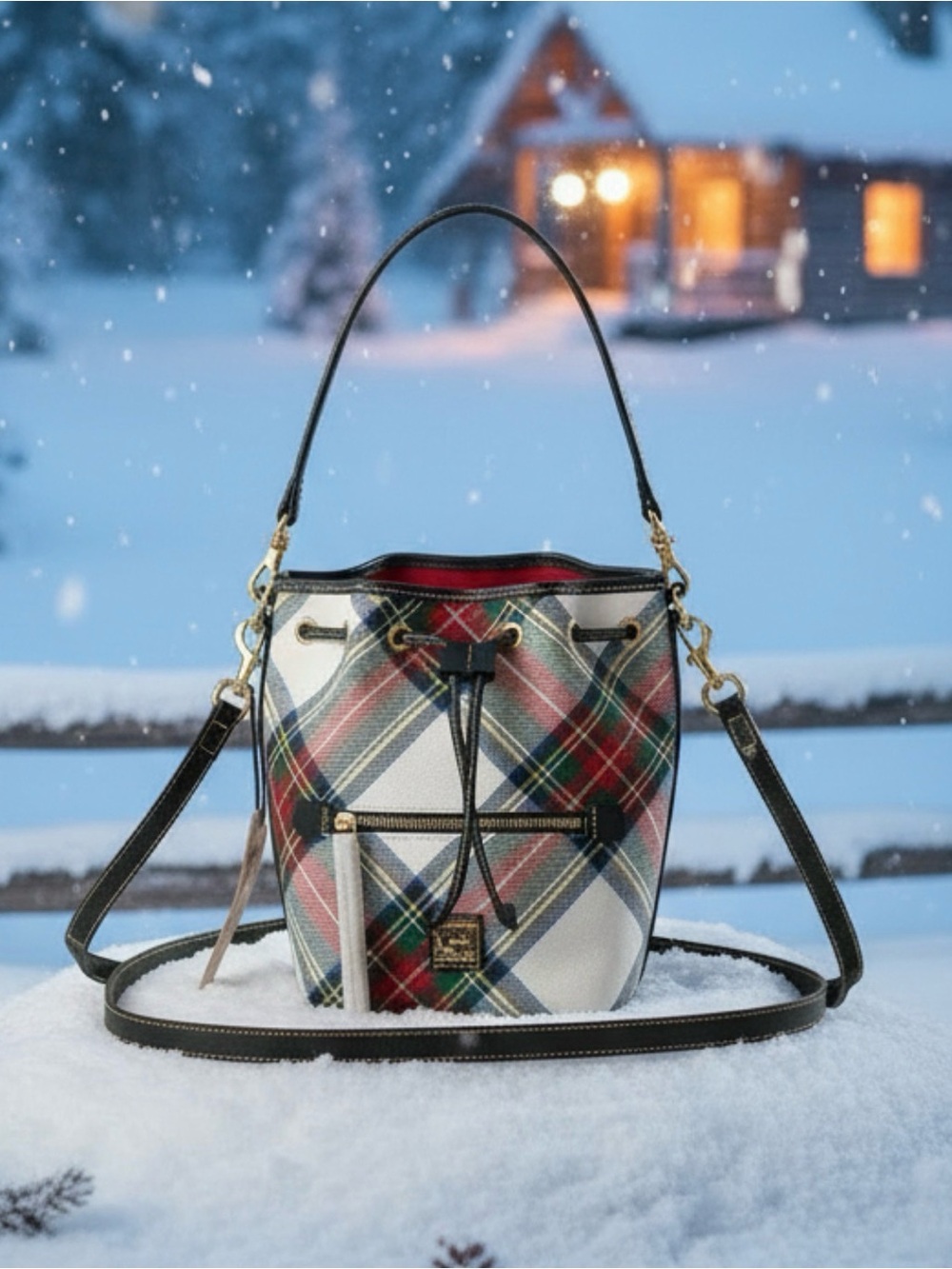 Dooney and Burke tartan white plaid bucket Crossbody bag NWT